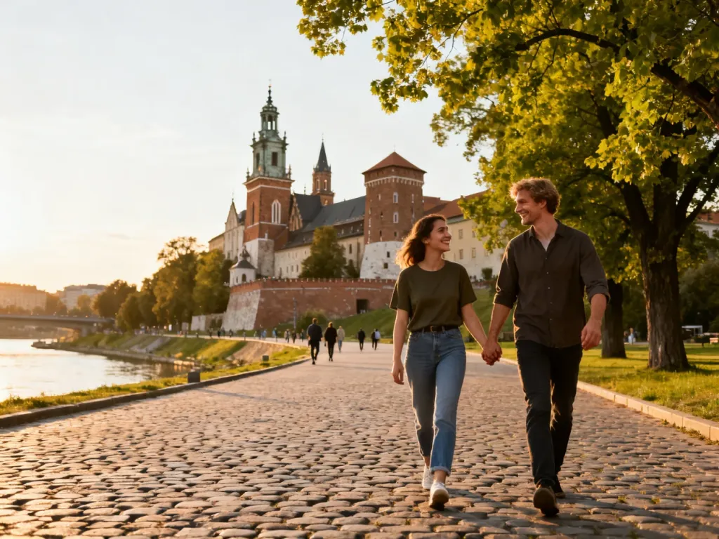 Para spacerująca nad Wisłą z widokiem na Wawel o złotej godzinie, w spokojnej, słonecznej atmosferze, no text on the picture